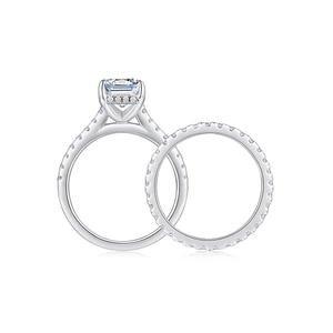 Elegant S925 sterling silver bridal ring set with emerald cut moissanite and pavé diamonds