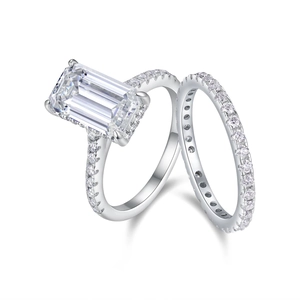 S925 sterling silver bridal ring set with emerald cut moissanite and pavé details