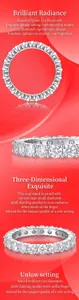 Detailed views of S925 sterling silver eternity band with round moissanite in claw setting