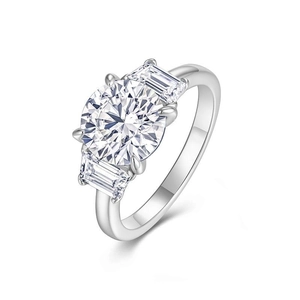 Classic S925 sterling silver ring with round moissanite and side baguette diamonds