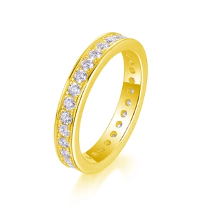 Detailed side view of a gold eternity ring featuring a continuous row of round cut stones