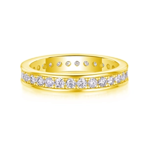 Elegant gold-plated eternity ring featuring a full circle of round moissanite stones