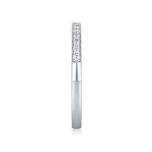 Macro side view of S925 sterling silver eternity ring with channel-set moissanite stones