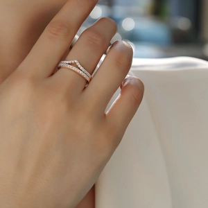 Elegant 18K rose gold plated S925 silver stacked moissanite crown ring set on finger