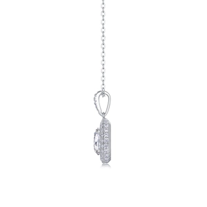 Detailed side view of S925 sterling silver halo pendant necklace with moissanite stones
