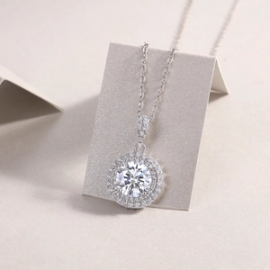 Classic round halo moissanite pendant necklace in S925 sterling silver for women