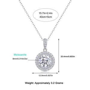 Moissanite halo necklace size guide showing 2 carat pendant dimensions and chain length specs