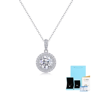 Macro view of S925 sterling silver moissanite necklace with premium gift box and GRA certificate