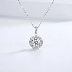 Luxury 925 Sterling Silver Moissanite Pendant Necklace Elegant Halo Round Brilliant Cut Sparkling Lab Diamond Jewelry For Women Engagement Wedding Anniversary