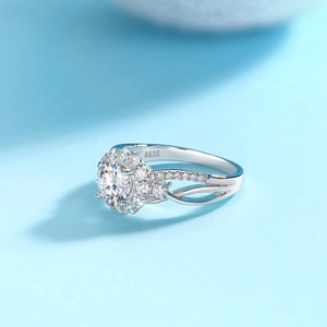 Detailed macro view of S925 sterling silver stamp on a luxury moissanite engagement ring