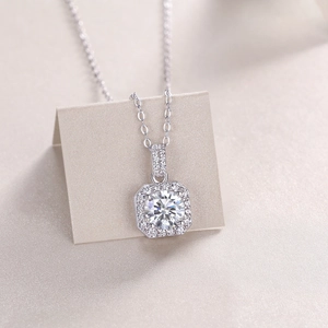 Macro shot of S925 sterling silver square halo pendant necklace with lab diamond