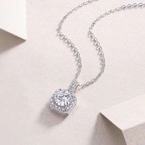 Halo design necklace with round lab-grown diamond pendant in S925 sterling silver