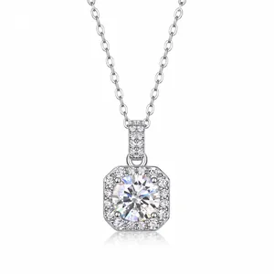 925 Sterling Silver Pendant Necklace Lab Grown Diamond Moissanite Square Halo Geometric Jewelry For Women Wedding Party