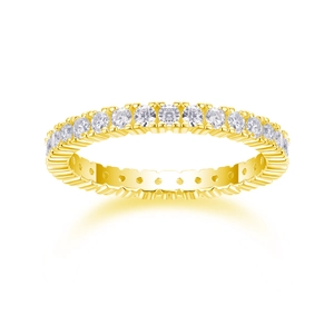 Detailed view of eternity ring with gold plating and paved moissanite stones