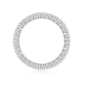 Detailed close-up of a stackable S925 silver ring featuring full circle moissanite setting