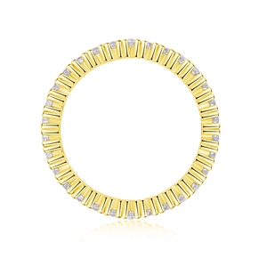 Macro detail of vertical textured gold ring with full circle moissanite inlay stones