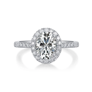 Elegant S925 sterling silver oval halo moissanite ring with pavé diamond band setting