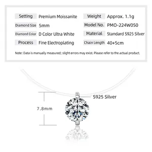 Details zur S925 Silberkette mit 5mm D-Farbe Moissanit-Anhänger und Maßen des Schmucks