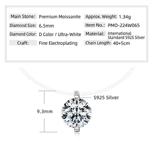 Details zur S925 Silber Moissanit-Kette mit 6,5 mm D-Farbe Anhänger Abmessungen