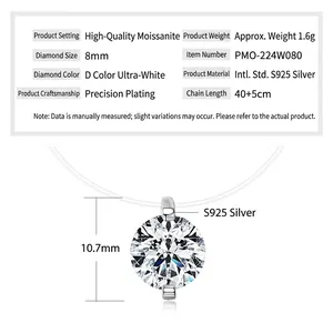 Detail eines 8mm D-Farbe Moissanit-Anhängers mit Maßen aus S925 Sterlingsilber