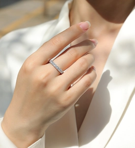 Close-up of S925 sterling silver eternity ring with micro-pave moissanite stones