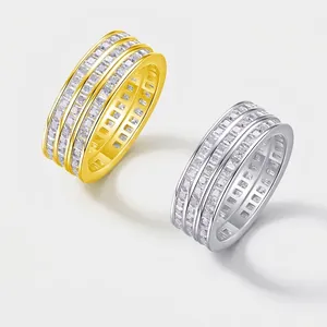 Bague Anneau en Argent Sterling S925 Moissanite à Trois Rangs Plaquée Or 18K Coupe Princesse Alliance Empilable Avec Certificat GRA
