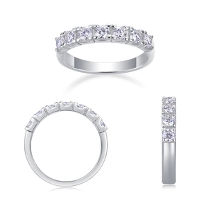 Exquisite S925 sterling silver ring with nine prong-set moissanite stones from three angles