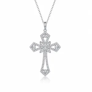 S925 Argent Sterling Moissanite Croix Pendentif Collier Pour Femmes Hommes Gothique Fleur Ajouré Bijoux Religieux Cadeau