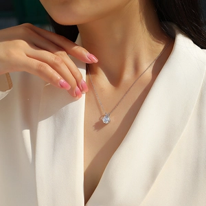 Elegant 925 sterling silver solitaire necklace with six-prong moissanite pendant on model