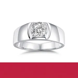 Bague pour Hommes en Argent Sterling 925 Moissanite Coupe Ronde Simple Diamant de Culture Engagement Mariage Bijoux pour Hommes