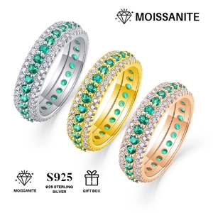 Three-color S925 sterling silver rings with double row green moissanite stones