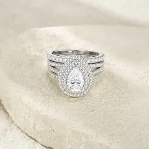 Ensemble de bagues en argent S925 avec moissanite taille poire et double halo élégant