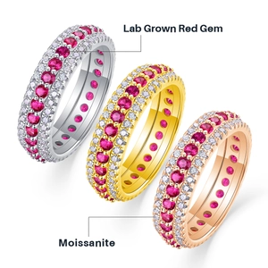 Three-row moissanite and lab grown red gem ring in silver gold and rose gold finishes