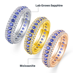 Three-piece ring set in silver, gold, and rose gold with lab-grown blue sapphires