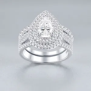 Luxe Argent Sterling 925 Taille Poire Moissanite Bague Ensemble Double Halo Mariée Mariage Fiançaille Bague Et Alliance Bijoux Avec Certificat GRA Pour Femmes