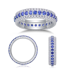 Detailed views of S925 silver ring featuring triple-row blue and white gemstone inlay