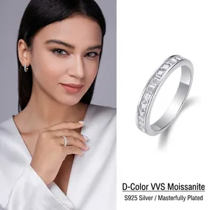 Polished S925 sterling silver ring with princess cut D color VVS moissanite stones
