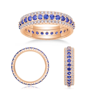 Detailed views of eternity ring in rose gold with blue sapphires and white diamonds