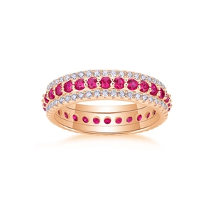 Detailed view of a rose gold multi-row band ring with pink gemstones and pavé diamonds