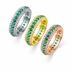 Luxury 925 Sterling Silver Moissanite Eternity Ring Triple Row Micro Inlaid Blue Green Red Gemstone Finger Ring Jewelry With GRA Certificate