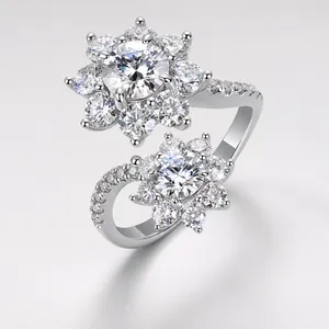 Lussuoso Anello Bypass a Doppio Fiore in Argento Sterling 925 con Moissanite per Donna Colore D Taglio Rotondo Regolabile Gioielli Anniversario Matrimonio