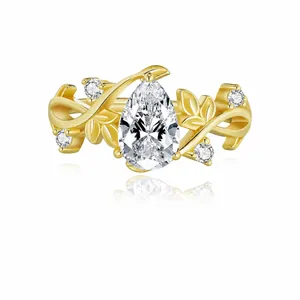 Vintage Peervormige Moissaniet Zilveren Ring voor Vrouwen Verguld Botanisch Wijnblad Ontwerp Ingelegde Ring Sieraden Met GRA-Certificaat