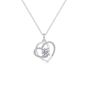 925 Sterling Silver Lab-Grown Diamond Moissanite Double Heart Necklace For Women Inlaid Round Cut Pendant Elegant Jewelry Gift