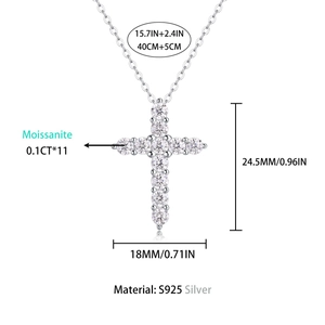 S925 silver lab diamond cross pendant necklace with 11 pieces of 1.1ct moissanite stones