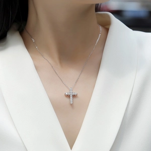 925 Sterling Silver Cross Pendant Necklace Moissanite Lab Grown Diamond Full Zirconia Inlaid Choker Necklace For Women Gift