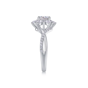 Detailed close-up of S925 silver wedding ring with twisted band and clustered lab diamonds