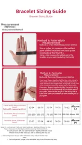 Comprehensive bracelet sizing guide with palm width and inner diameter chart