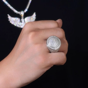 Hip-hop style S925 sterling silver iced-out moissanite ring with high-end polished finish