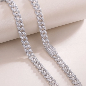 Polished S925 silver Cuban link chain necklace with round moissanite pave setting
