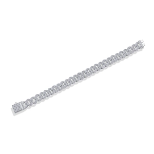 Macro view of full moissanite pavé on S925 silver Cuban link bracelet with square box clasp
